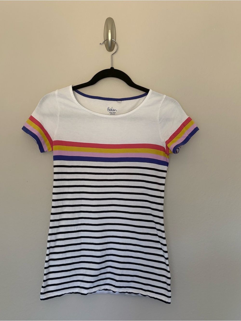 Boden Essential Ringer Tee White Black Rainbow Stripe Cotton Short-Sleeve: US 2